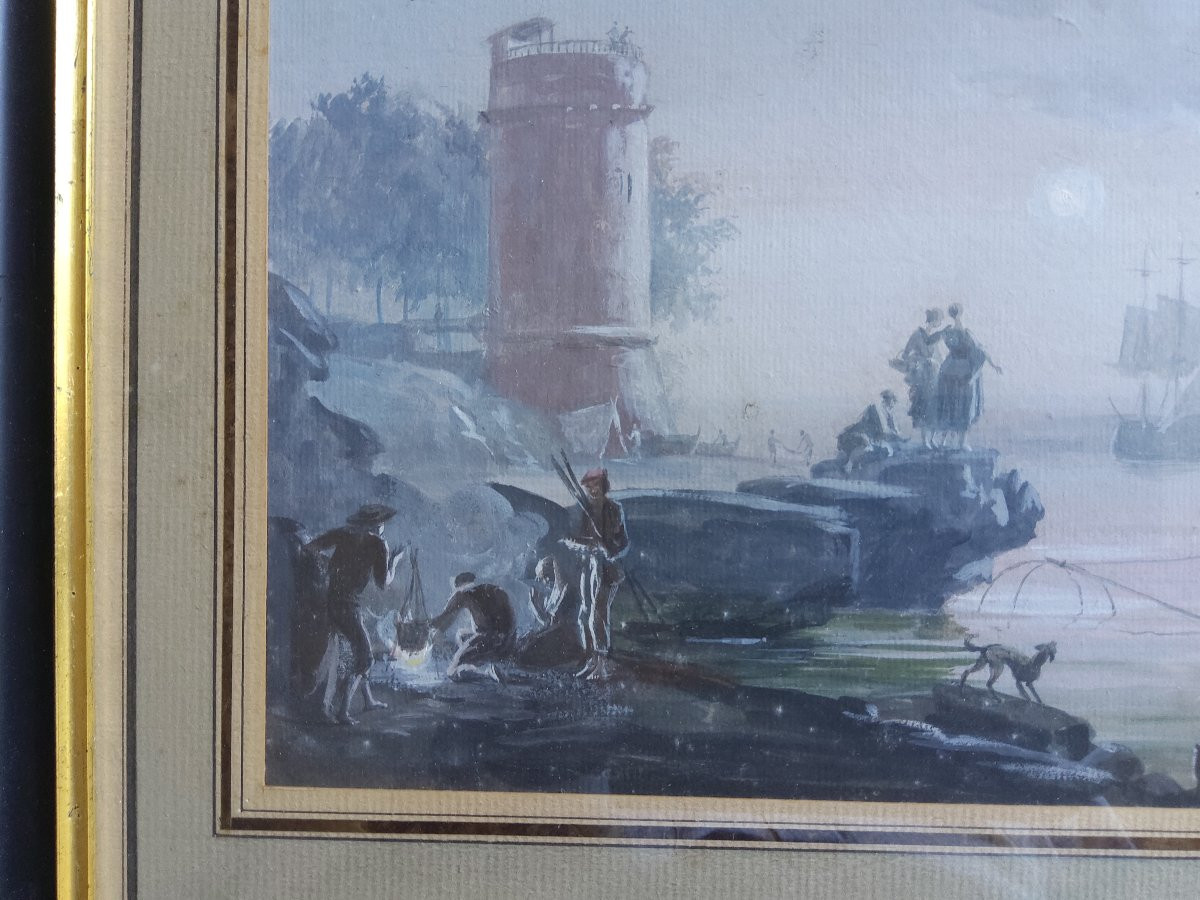 Gouache Italienne Scène De Port Vers 1800-photo-4